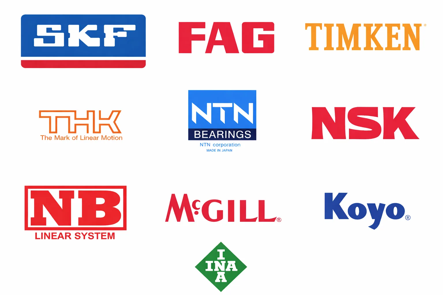 Bearing brands — SKF, FAG, TIMKEN, THK, NTN Bearings, NSK, NB Linear System, McGILL, Koyo, INA