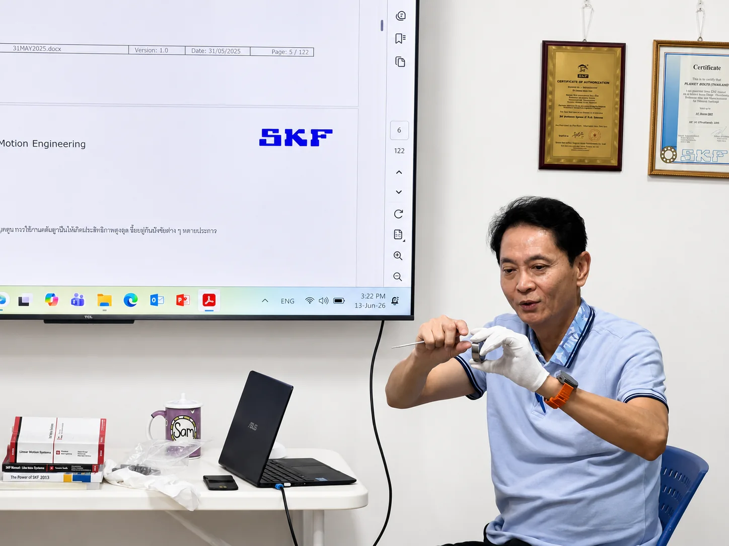 Hands-on measuring instrument training — MPC team practicing precision measurement techniques
